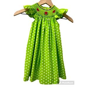 Mom and Me Smocked Dress Green with White Polka Dots and Watermelons 24 months
